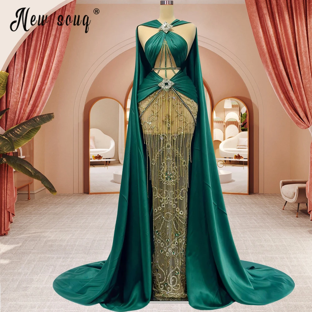 

Haute Couture Green Arabic Evening Dress with Cape Sleeve Women Dubai Gold Beading Luxury Wedding Party Gowns Vestidos De Fiest