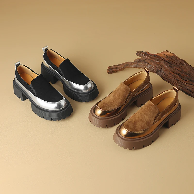 New Platform Women's Loafers Shoes Square Heels Kid Suede Elastic Band Casual Splicing Mixed Colors Retro Style Grinding Texture