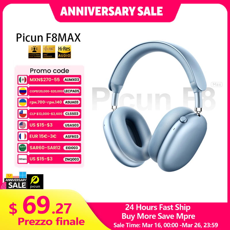 Picun F8MAX ANC Wireless Headphone 59dB Hybrid Active Noise Canceling Spatial Audio Earphone Bluetooth 6.0 Over Ear Headset 180H