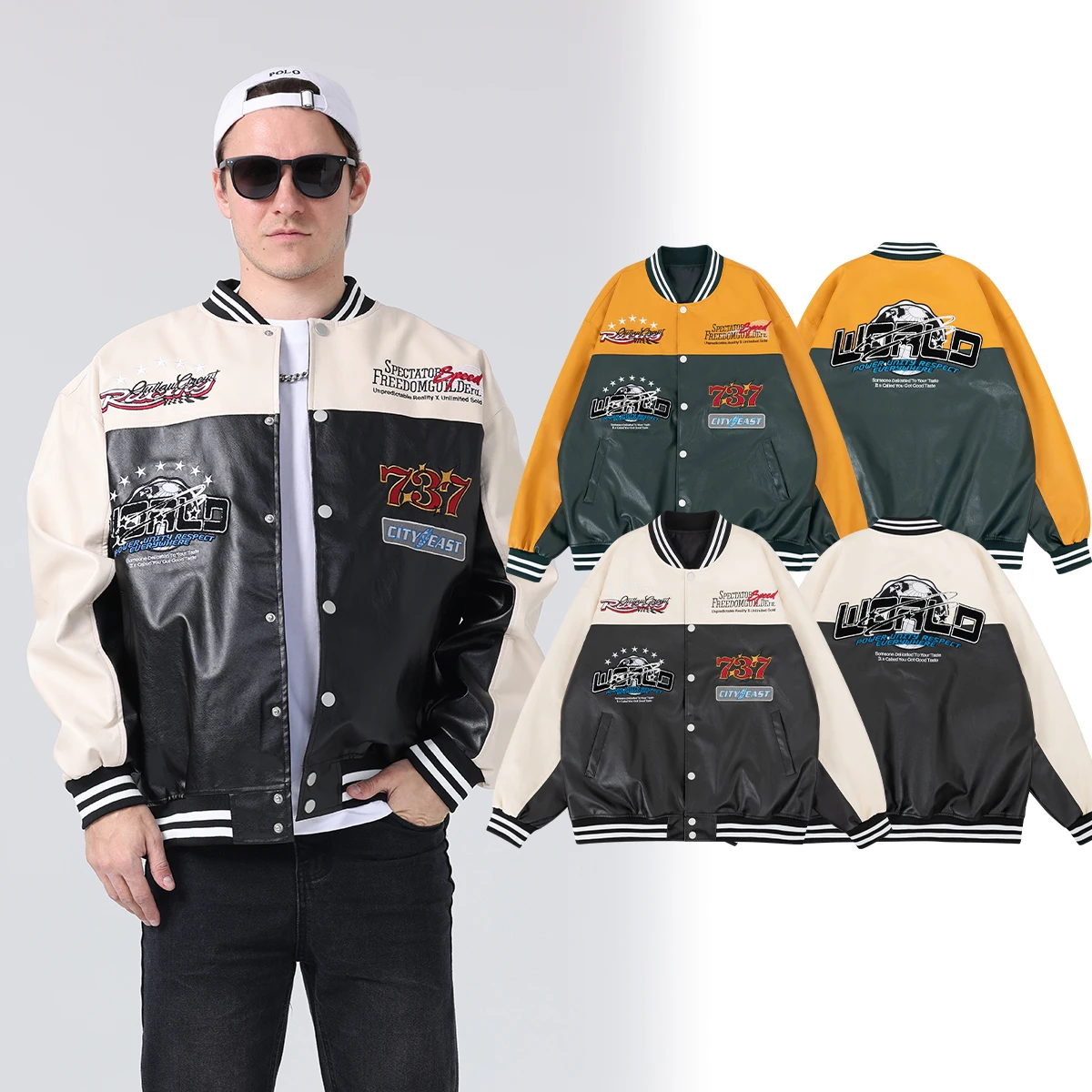

Men's Faux Leather Motorcycle Jacket PU Casual Loose Biker Outerwear 24H shipped Spring&Autumn Unisex Varsity Baseball Coats