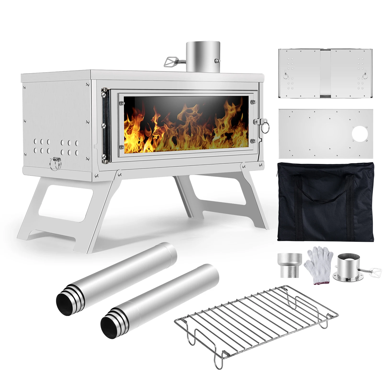 Portable Outdoor Stove with Secondary Combustion and Chimney for Camping  Compact Wood Stove with Heat Resistant Glass Window - AliExpress