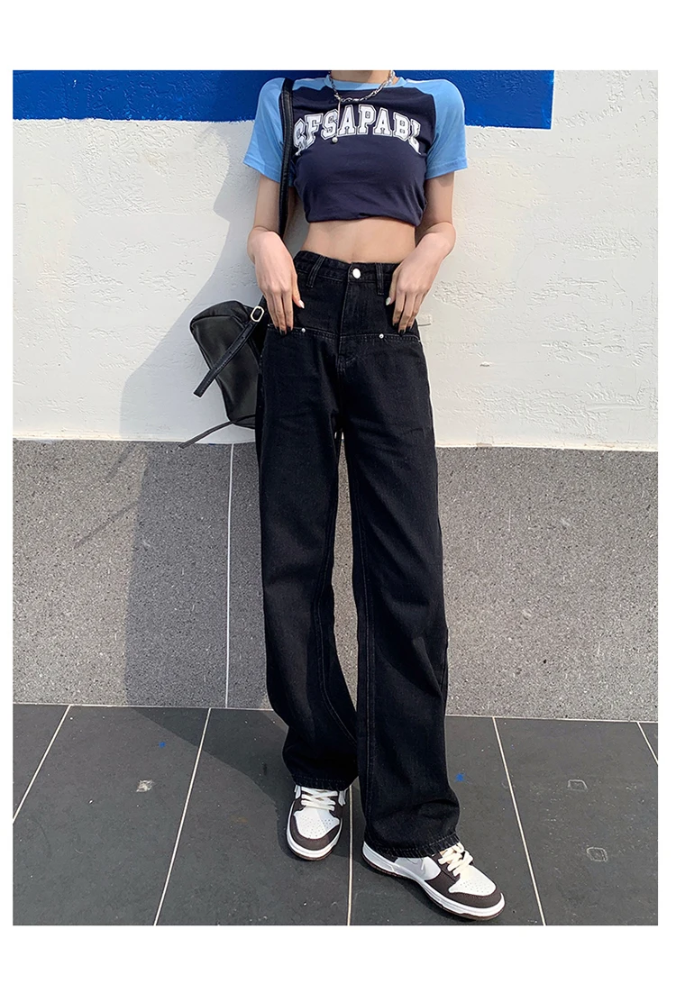 

Black High Waisted Jeans for Women 2023 Fashion Streetwear Casual Straight Front Pocket Black Denim Pants Y2k Jeans