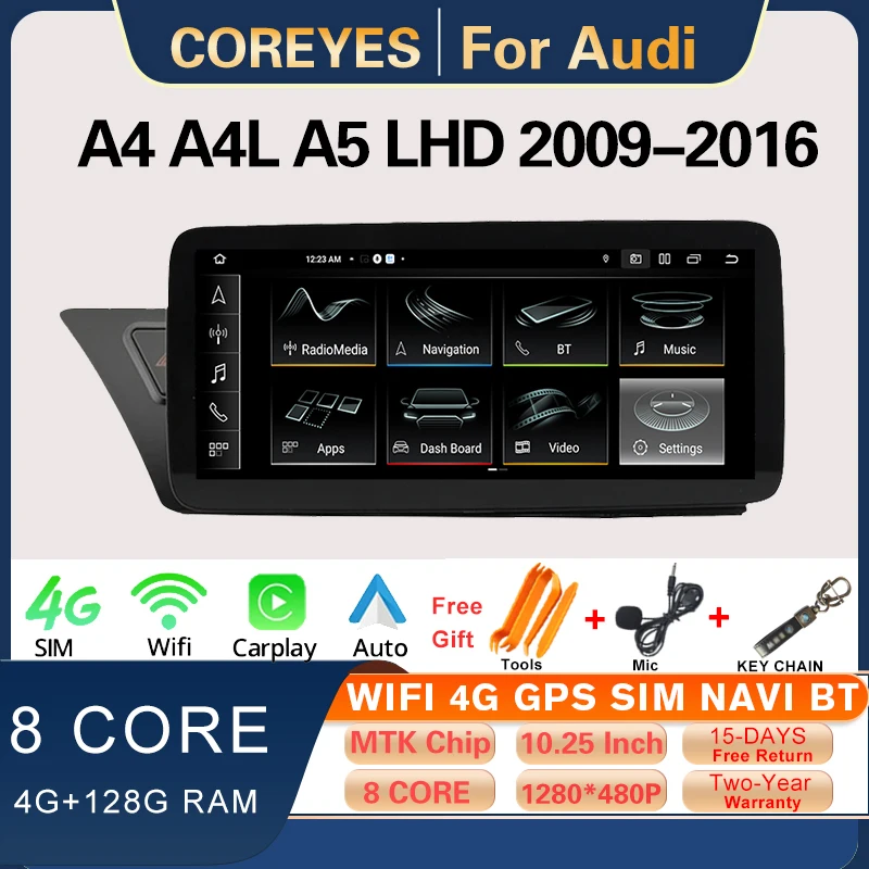 

COREYES 10.25" Android 12.0 For Audi A4 A4L A5 LHD 2009-2016 Car Radio Stereo Bluetooth Carplay Multimedia Player GPS