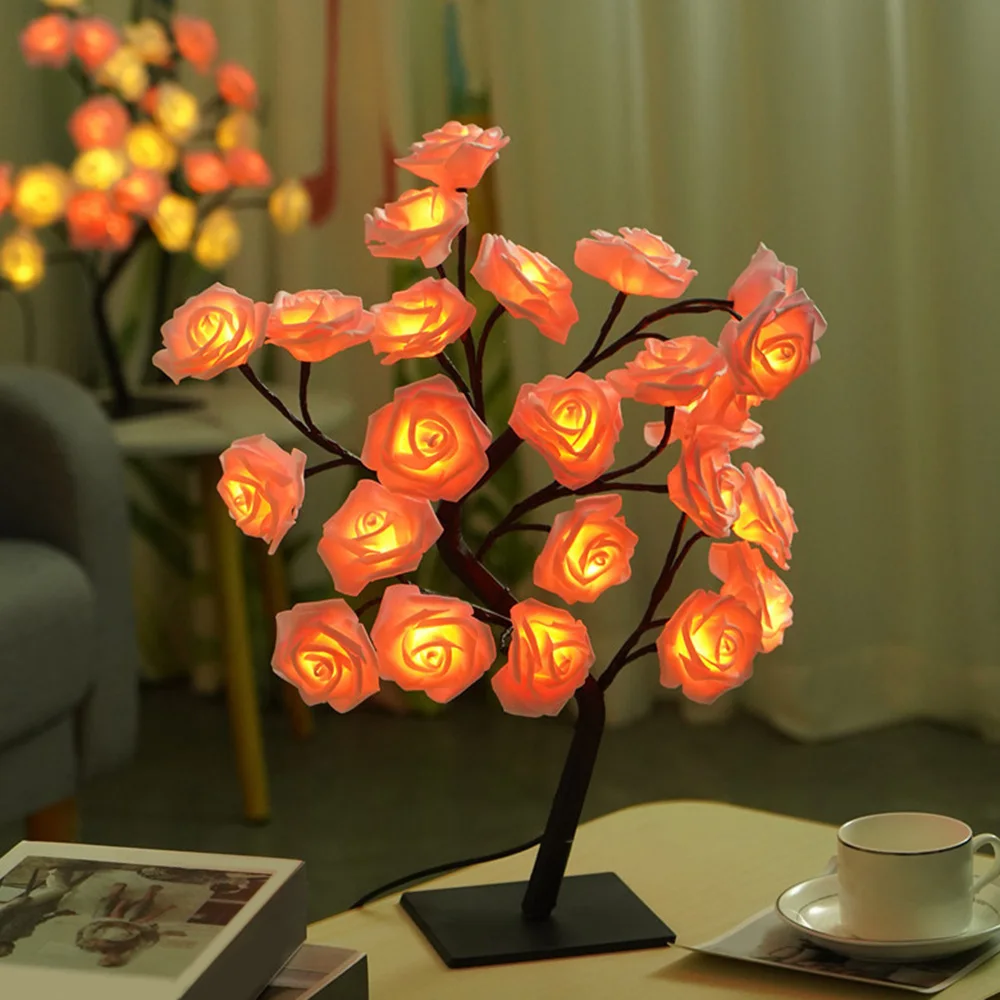 24 LED Rose Flower Table Lamp USB Flower Fairy Night Lights DIY Desktop Ornament Wedding Party Decoration Mother's Day Gift 2021 new led table lamp rose flower tree usb night lights christmas gift for kids room rose flower lighting home decoration