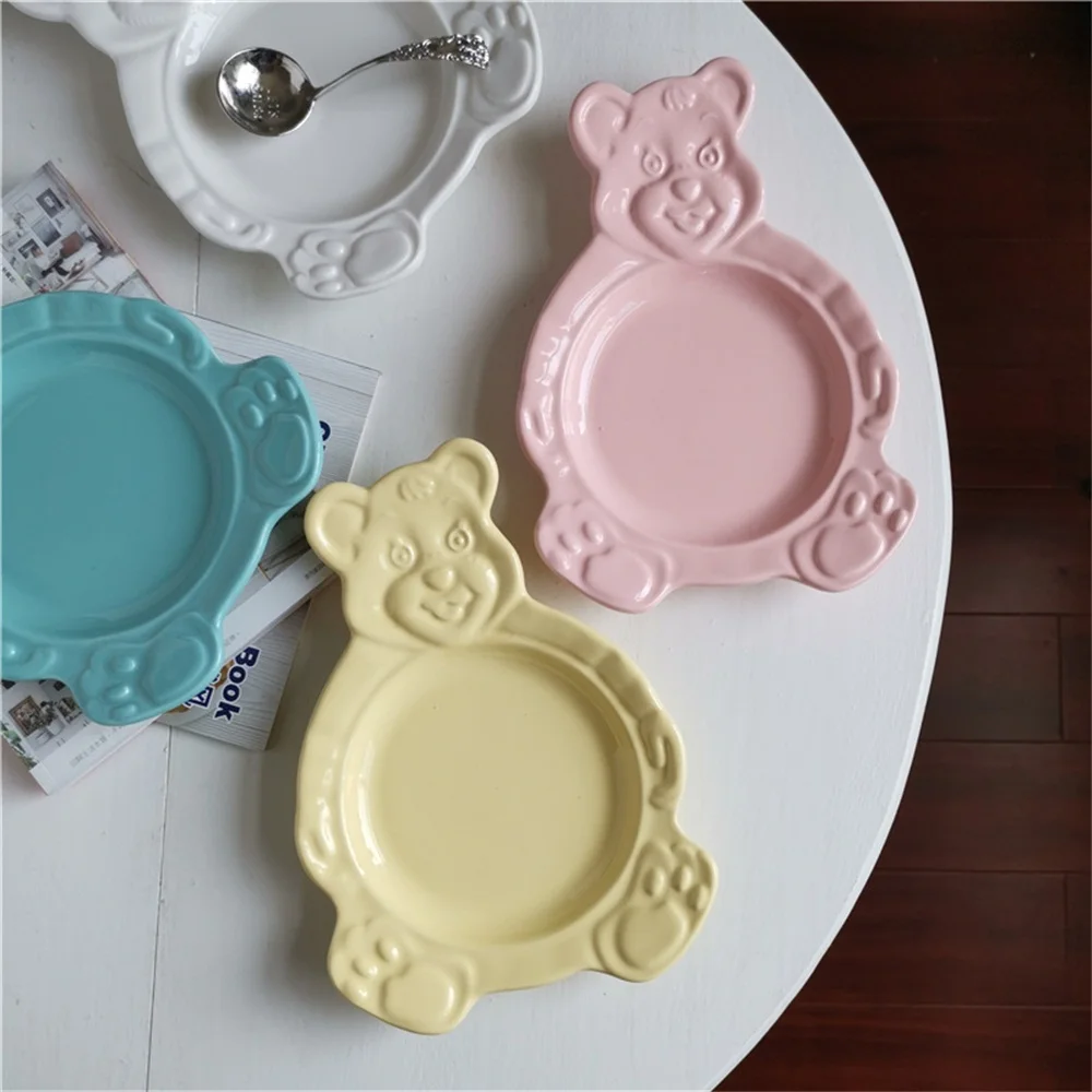 Fruit Plate Ceramic Dessert Plates Cartoon Bear Dessert Plate Bowls Cute Ceramic Dinner Dishes Korean Ins Bear Dessert Flat Soup Bowl Breakfast Salad Fruit Tray