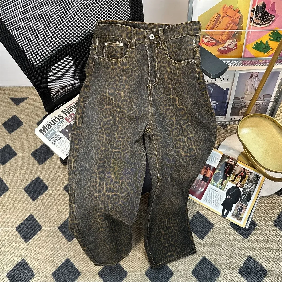 

Retro Spring Trendy Leopard Print Jeans Women's American High Street Trousers Y2K Harajuku Style Baggy High Waist Casual Pants