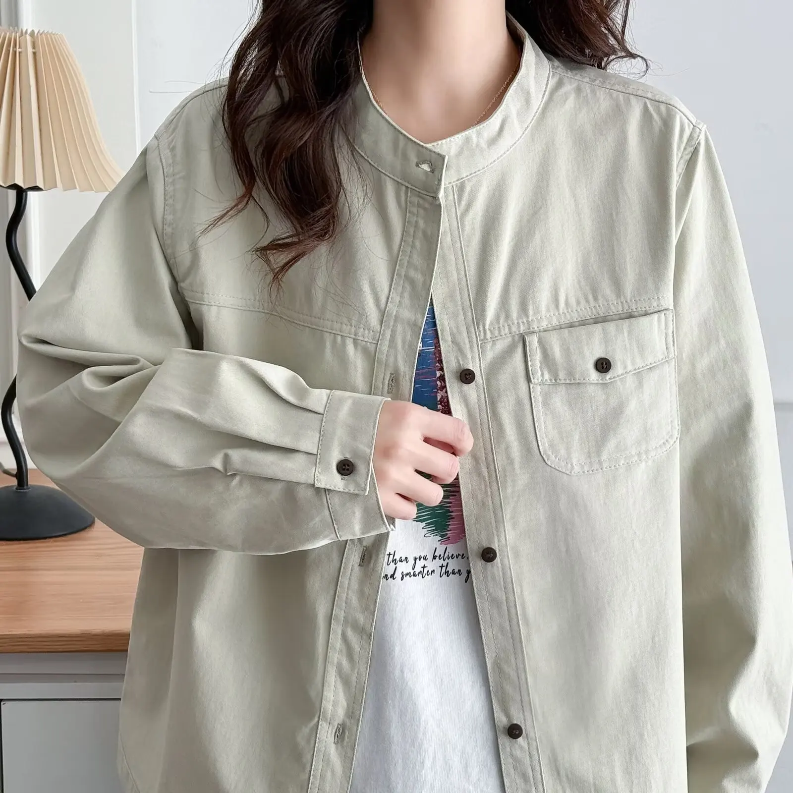 Fashion Plus Size Women's Jacket Autumn Stylish Stand Collar Long Sleeve Washed Cotton Temperament Commuting Coat 2173