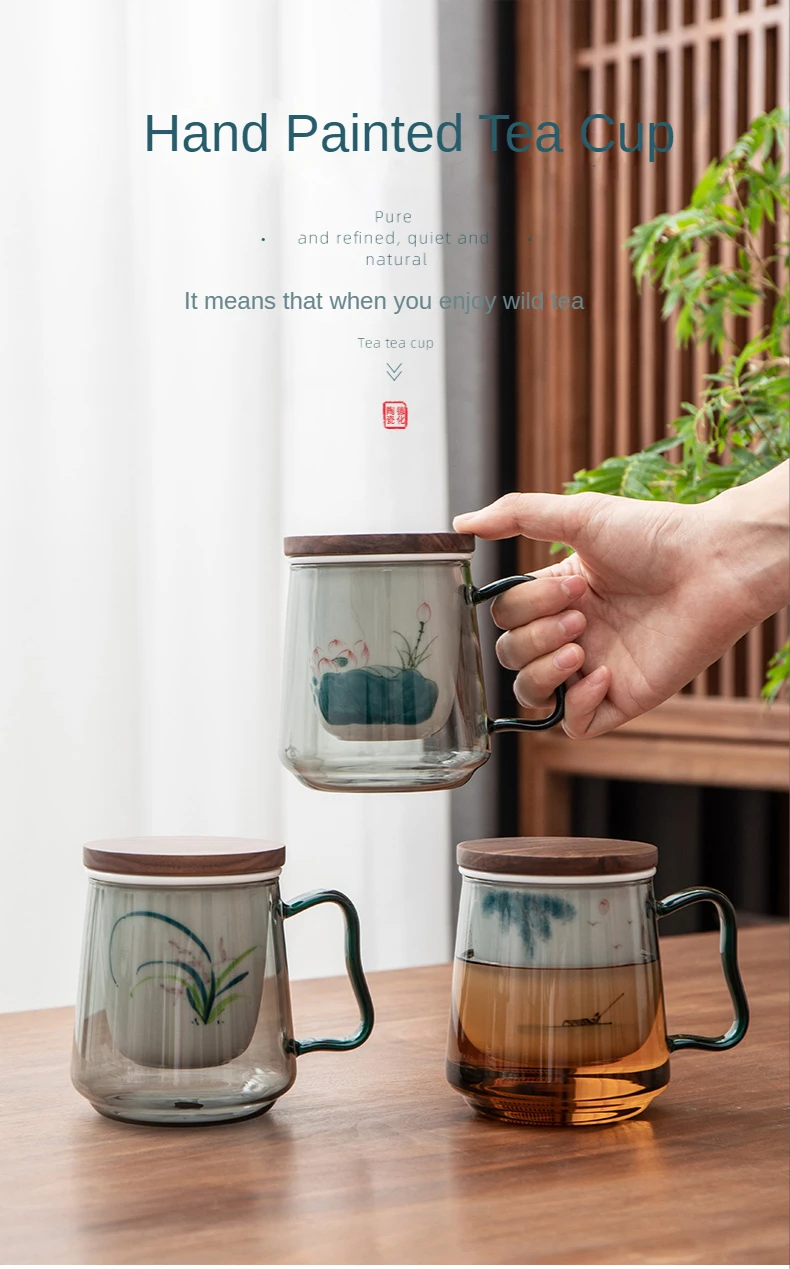 Creative Glass Tea Infuser Cup With Transparent Filter Handle Bamboo Lid  Heat-resistant Flower Teacup Office Tea Mug Drinkware