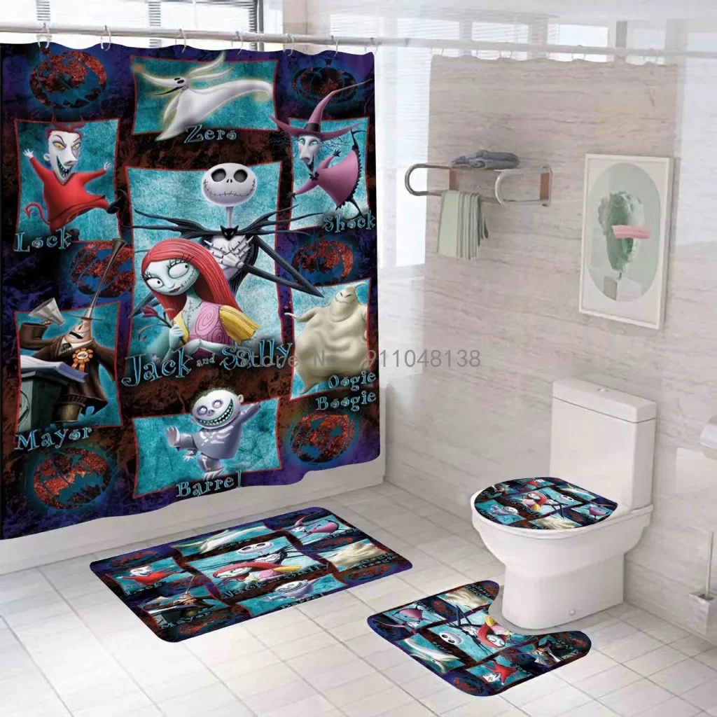 Nightmare Before Christmas Zombie Bride Jack Shower Curtain Sets Bathroom Halloween Decor with Hooks for Bathroom Waterproof