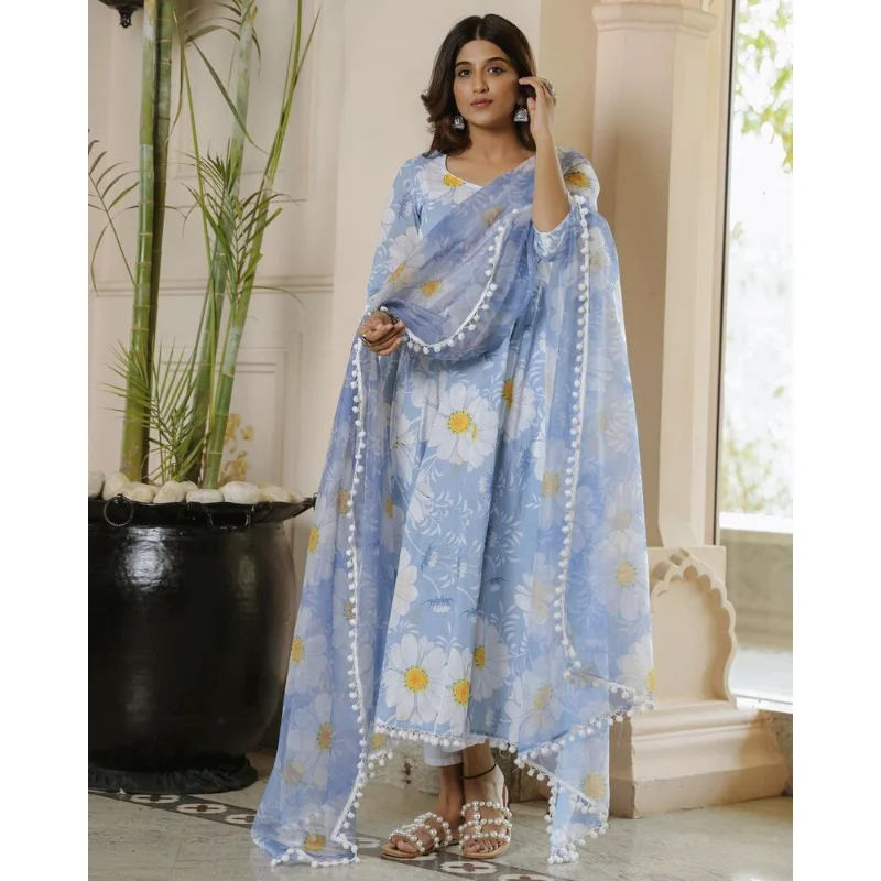 Palazzo Suit Round Neck Flower Print Ankle Length Derss Ethnic Flared Kurta with Pant and Dupatta