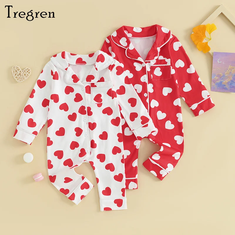 0-24M Baby Boys Girls Pajamas Jumpsuits Long Sleeve Lapel Collar Heart Print Button Up Rompers Newborn Infant Clothes
