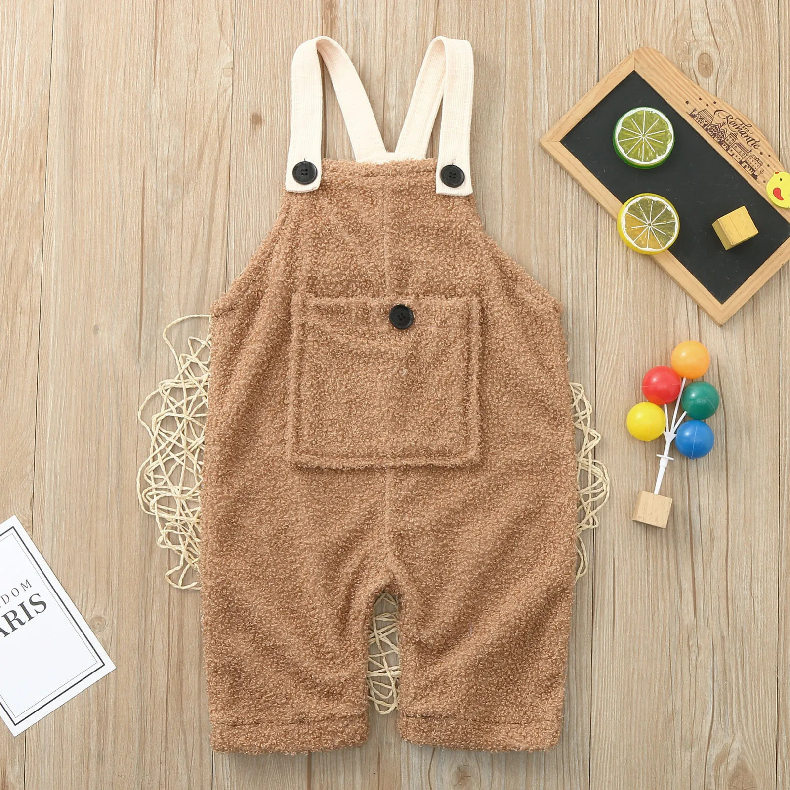 Autumn Winter Kids Girls Warm Plush Overalls Toddler Baby Solid Strapless Button Loose Pocket Fleece Suspender Trousers