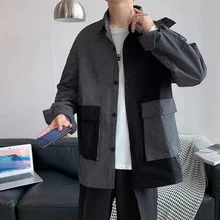 

Spring Khaki/Black Striped Shirts Men Fashion Society Mens Dress Shirts Korean Loose Long Sleeve Shirts Mens Casual Shirts M-3XL