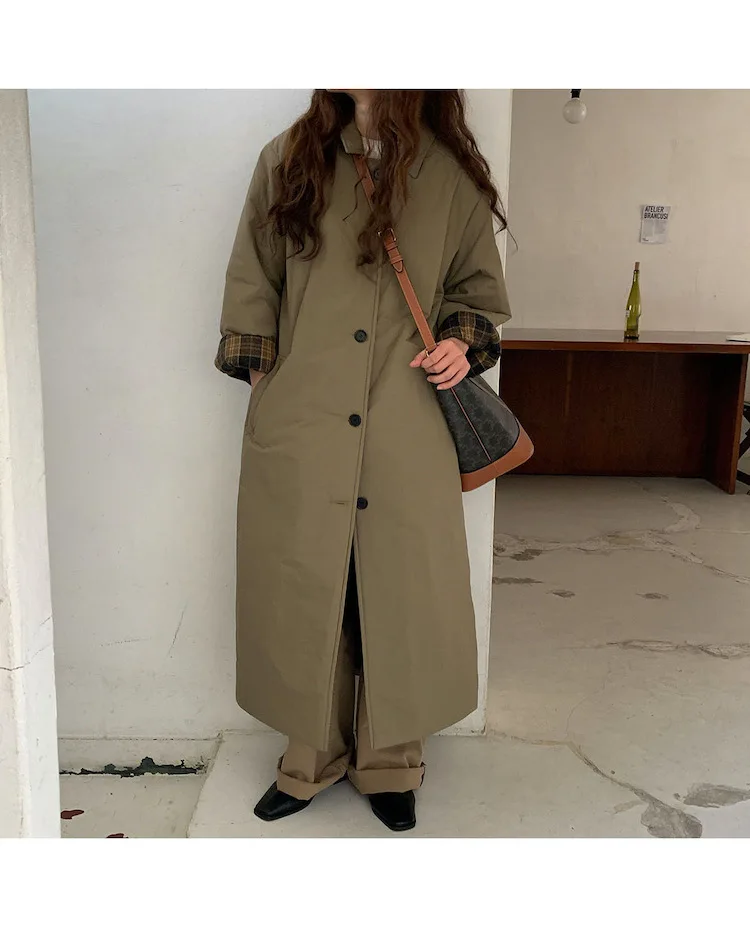 Autumn Winter Korean Army Green Warm Jacket Lapel Check Sleeves Straight Coat Fashion Medium Long Ladies Puffer Padded Outwear