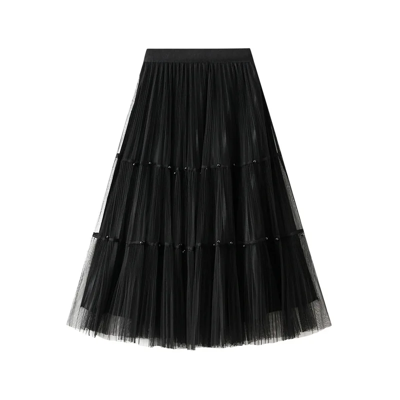 

2023 Summer New Long Tulle Pleated Skirt Women Double-Sided Beaded Black Long Skirt Women