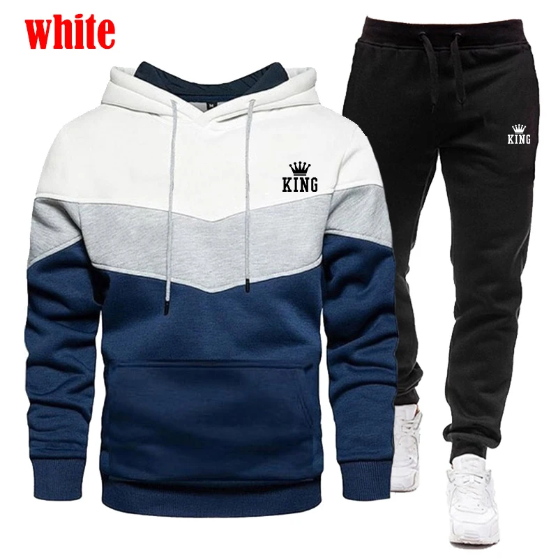 Fashion King Print Tri Color Hoodie Set Autumn/Winter Pullover Hooded Sports Sweater+Pants Casual Sports Two Piece Set