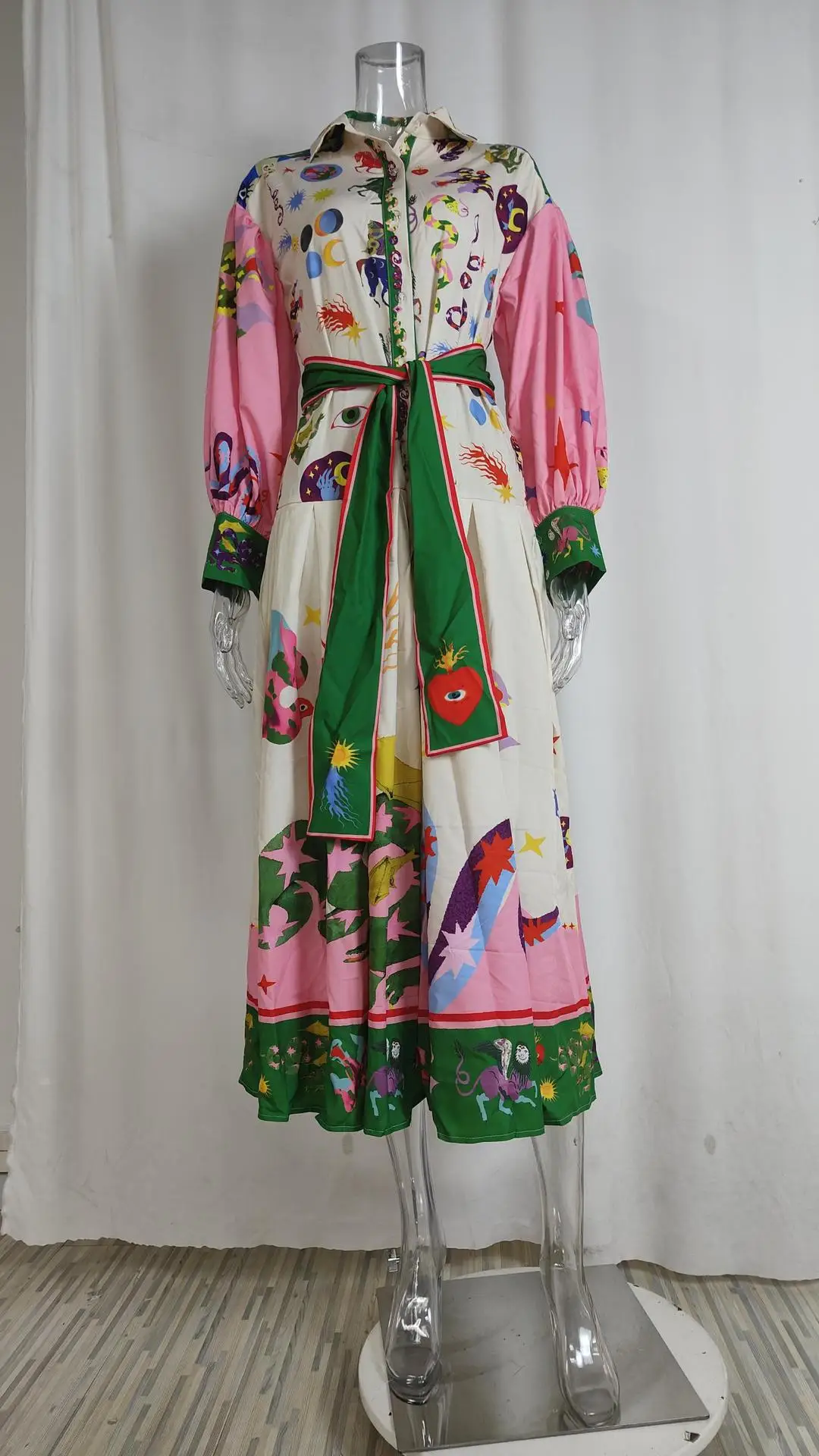 Feminino retro impresso a linha vestido longo elegante lanterna manga lapela camisa plissado vestidos de festa feminino primavera grande bainha vestido 20 Se200dc6f2067445c9ca48594c615a61f6