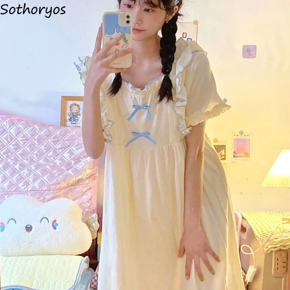 

Ночные рубашки для женщин, милые летние Ночные рубашки средней длины с оборками и бантом для девочек, домашняя одежда в японском стиле, удобная Милая одежда для отдыха