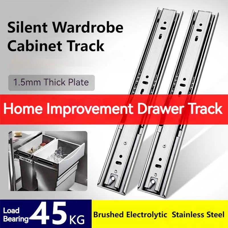 

Stainless Steel Drawer Slide Rail Three Section Rail Damping Buffer Rail Silent Wardrobe Cabinet Track 45 Wide 8-24 Inch