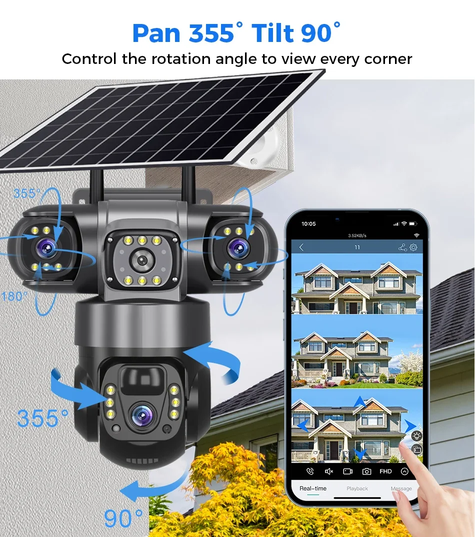 V380 Pro Solar Camera 4G SIM Outdoor Three Lens Three Screens PIR