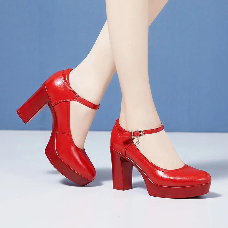 

6cm 9cm Comfortable Shallow Genuine Leather Shoes Red Silver Wedding Shoes Bride 2024 Block High Heels Platform Pumps Model