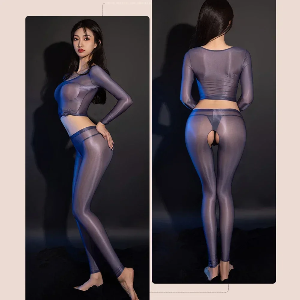 Women Oil Sheer Tops Pants Open Crotch Pantyhose Sexy Lingerie Nightwear Clubwear Ultra-Thin Shiny Stockings Smooth Socks A50 women lingerie set