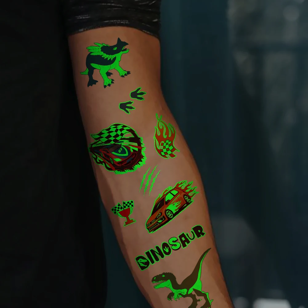 Luminous Cute Dinosaur Glow Waterproof Temporary Tattoo Stickers 10pcs Animal Totem Flash Tattoos Face Arm Body Art Fake Tattoos tattoo sticker