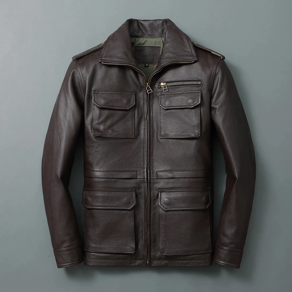 

Men's Top Layer Cowhide Flight Jacket High Quality Leisure Genuine Leather Coat Brown Multi Pocket Epaulettes Classic