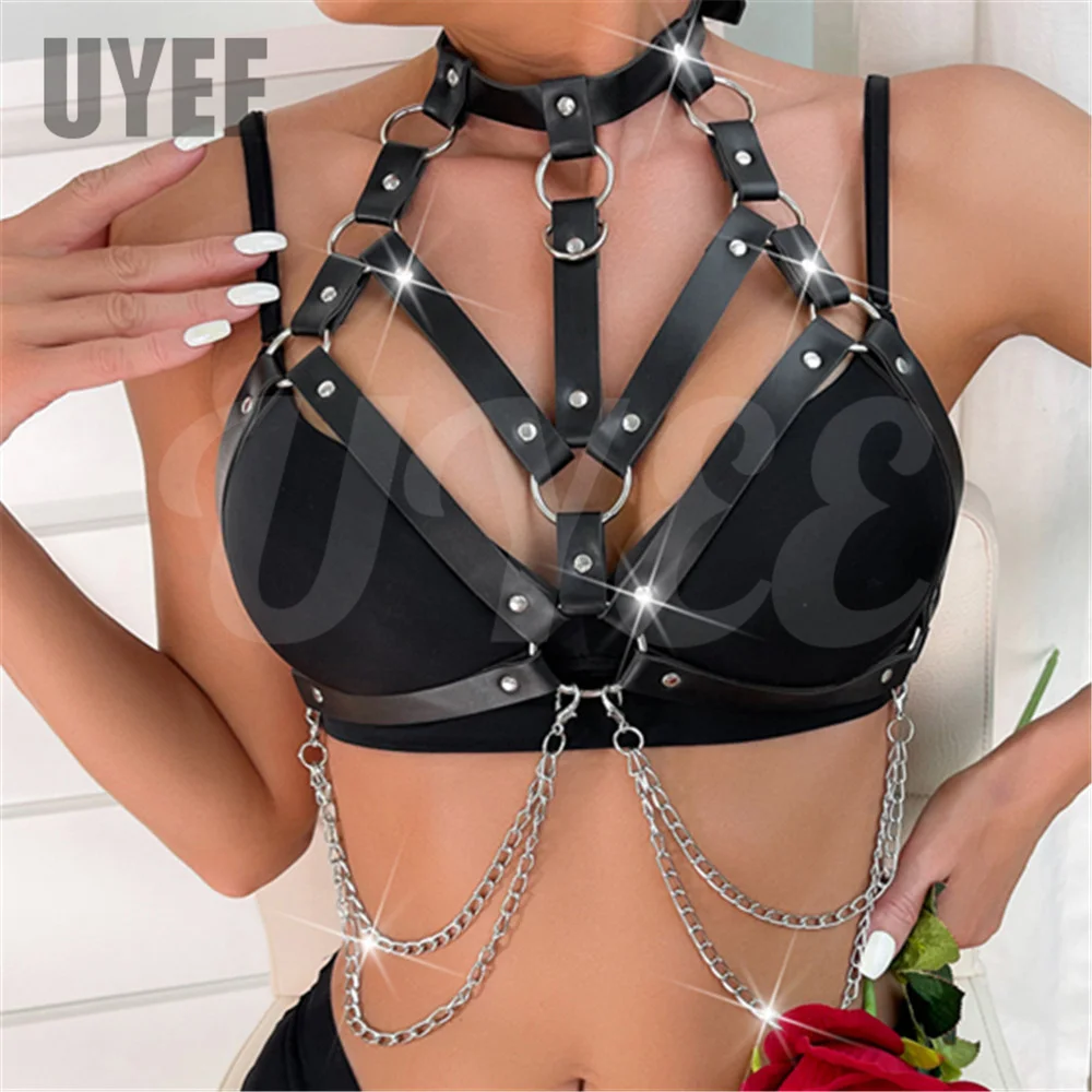 Uyee Sexy Open Bra Harness Pu Leather Women Beach Bikini Bdsm Bondage Hollowed Out Bra Cage Gothic Punk Bdsm Erotic Lingerie
