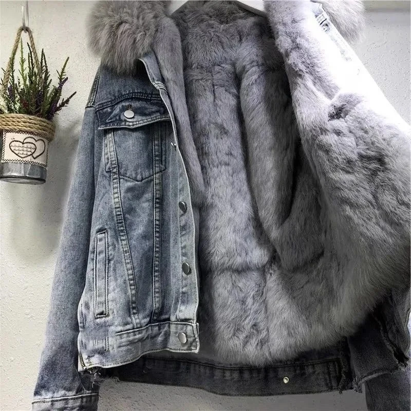 2022 Women Winter Vintage Cotton Coat Thick Warm Denim Jacket Women Oversized Loose Fur Collar Plus Velvet Jean Parka Outerwear