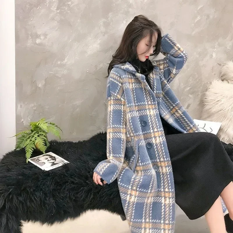 Mink Fleece Autumn/Winter Checkered Coat Medium Long Korean Loose Knitted Coat 2023 New Thickened Sweater Set Collar Coat Pink