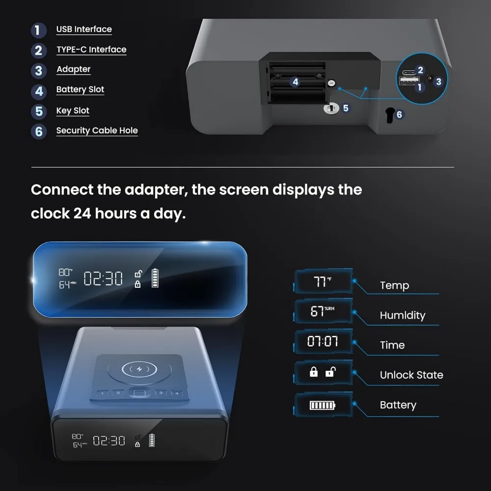 24/7 Display Clock Safe with 2-in-1 Watch & Phone Wireless Charging,Pistol Safe with Backlit Keypad, Handgun Safe with LED Light 4