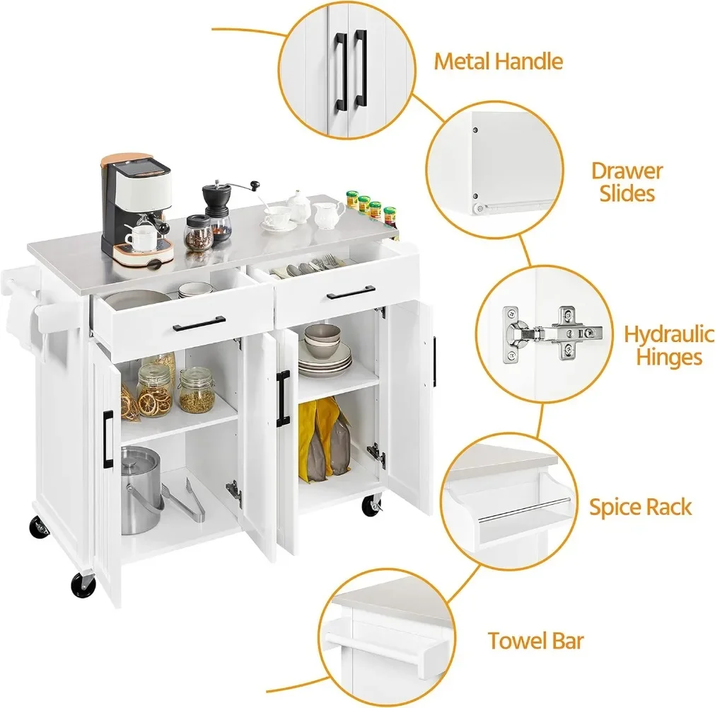 Kitchen Island Cart with Storage & Stainless Steel Countertop, Portable Kitchen Island on Wheels with Cabinet 6