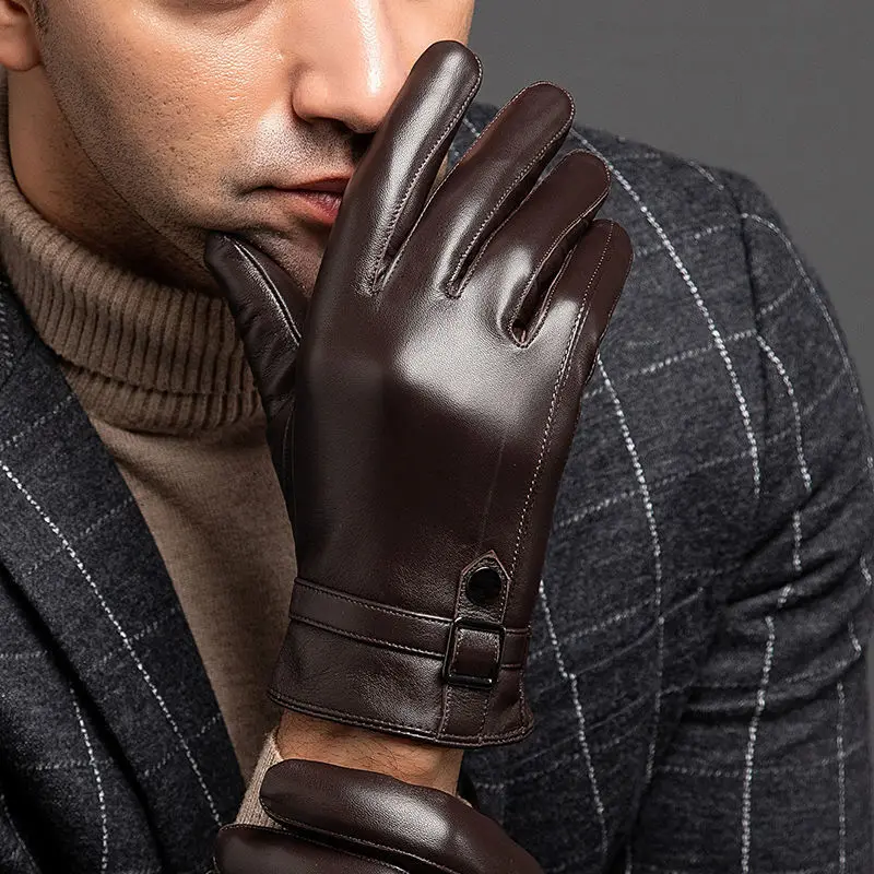 Winter Genuine Sheepskin Leather Cycling Gloves Men Touchscreen Texting Driving Bike Motorcycle 양가죽Warm Fleece Gloves Gentleman 2
