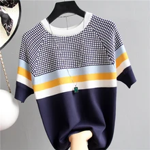 

2021 New Vintage Ladies Tops Striped Summer Blouse Pink Elasticity Short Sleeve Blue Women Blouse