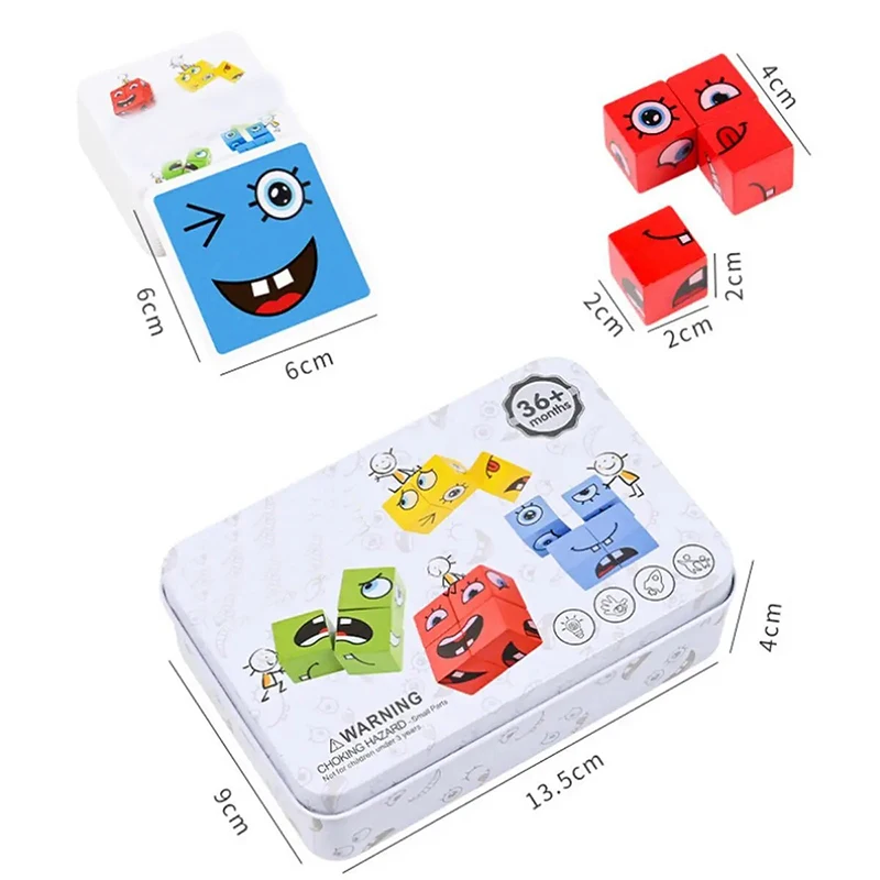 Children's Wooden Four Person Battle Face Changing Facial Expressions Magic Cube Building Blocks Wooden Interactive Games 6