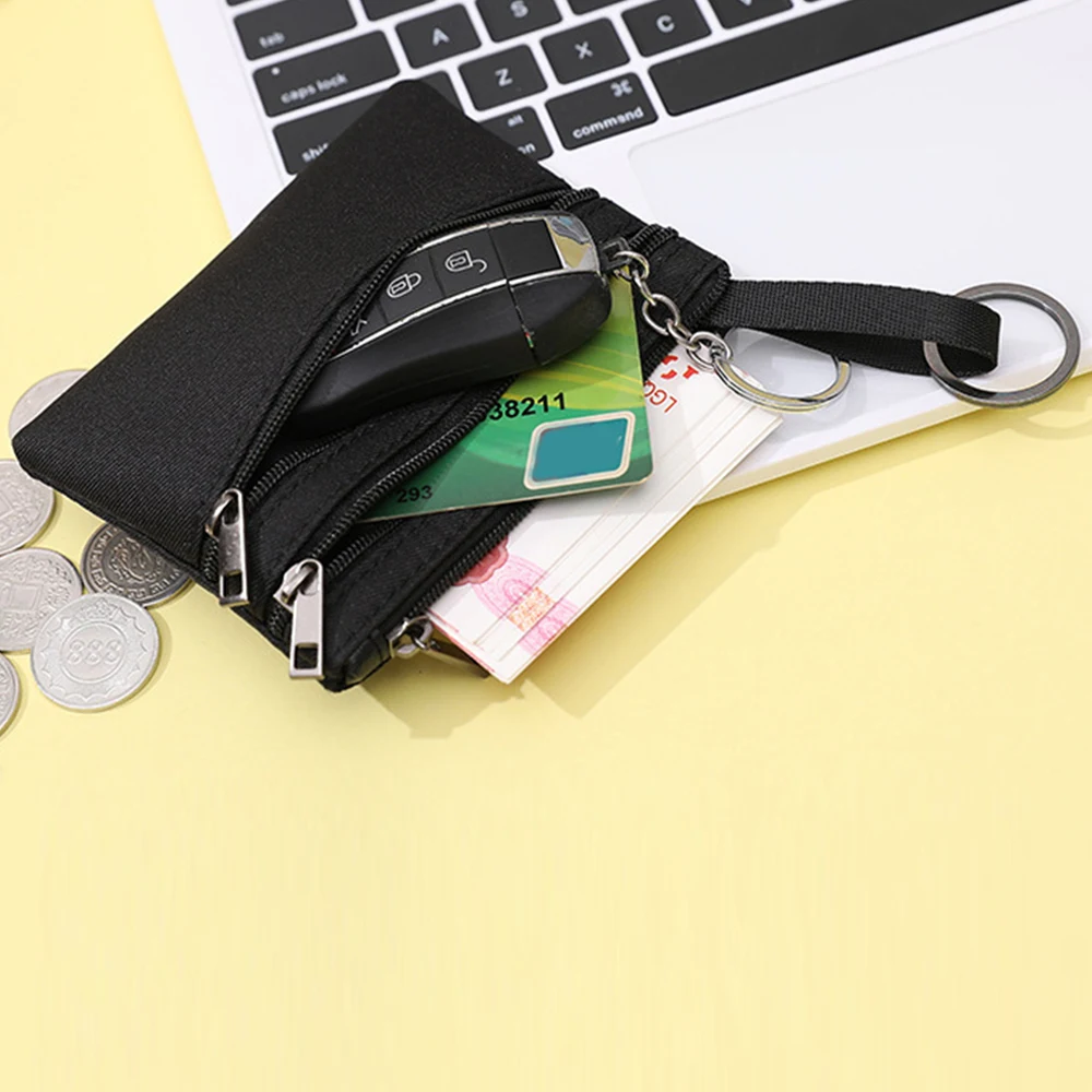 Coin Purse 3 Zippers Canvas Coin Purse Women's Mini Wallet Solid Change Purses Keychain Money Bags Coin Key Storage Bag Card Holder