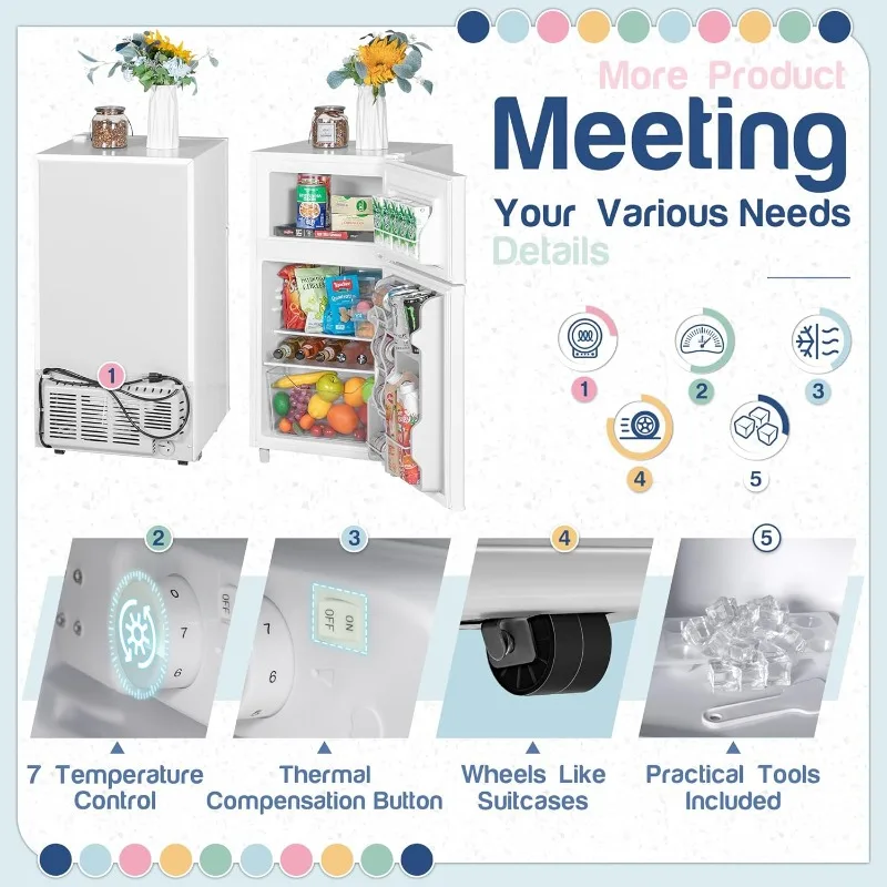 Double Door Refrigerator with Freezer, 3.5 Cu.Ft, Small Fridge with Freezer,7 Settings Temperature Adjustable, Mini Refrigerator 3 Double Door Refrigerator with Freezer, 3.5 Cu.Ft, Small Fridge with Freezer,7 Settings Temperature Adjustable, Mini Refrigerator 3