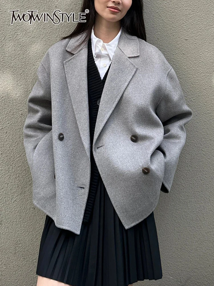 

TWOTWINSTYLE Solid Loose Casual Coat For Women Notched Collar Long Sleeve Spliced Double Breasted Coats Female Fashion Clothes
