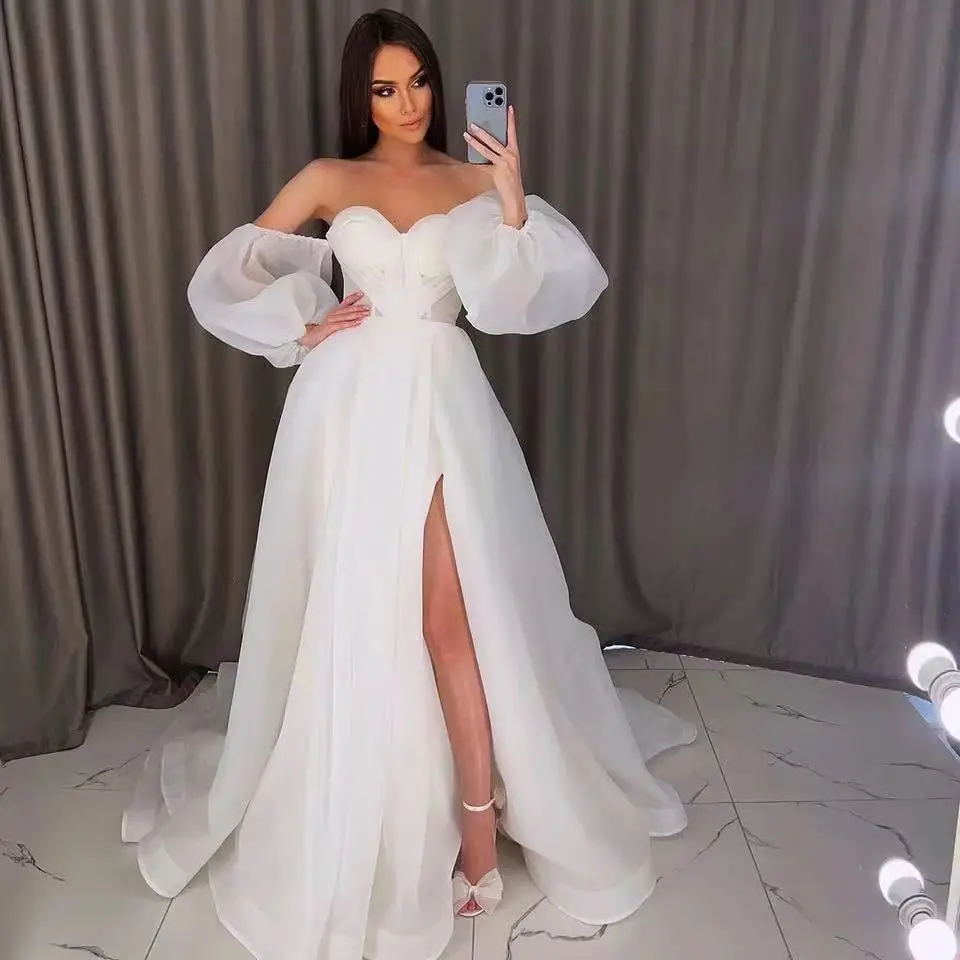 

Strapless Puffy Sleeves Wedding Dress Open Back Organza High Slit Princess Bridal Gowns Robe De Mariée Vestido De Noiva