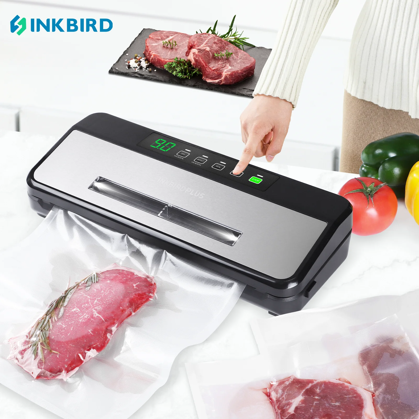 INKBIRDPLUS INK-VS03 식품 진공기 기계, 강력한 흡입 자동 진공기, 식품 저장용 스타터 키트 포함, 80KPA