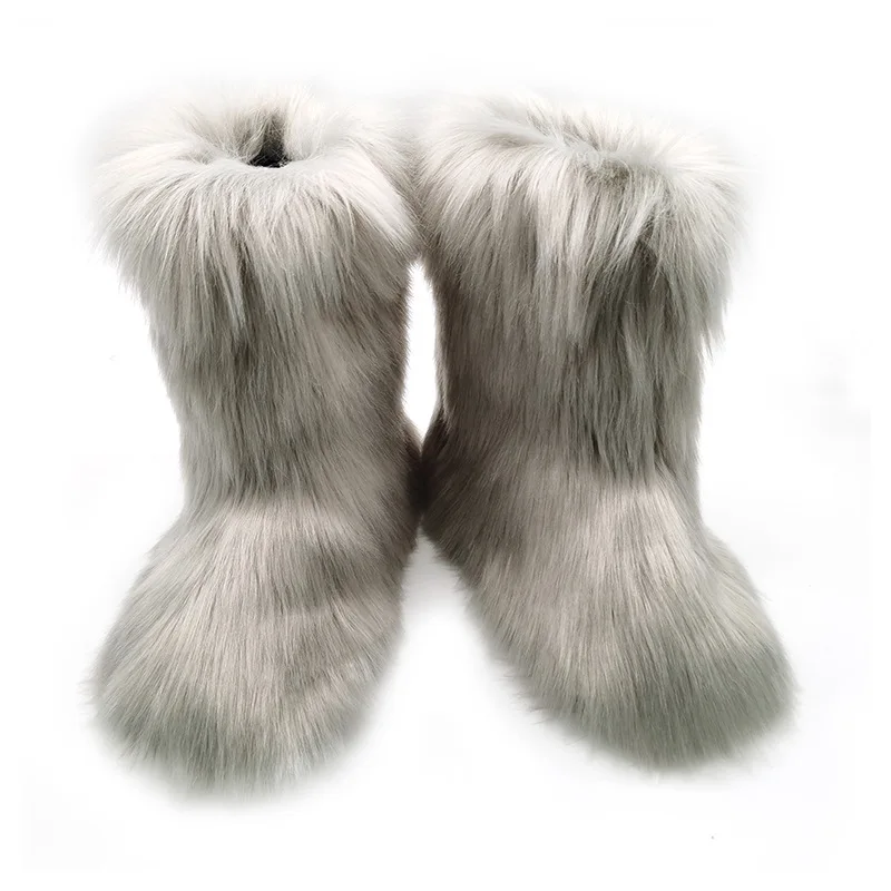 Children's Winter Faux Fox Fur Shoes Kids and women Fluffy Snow Boots Cute Flat Rainbow Ankle Boots Indoor Warm Plush Furry