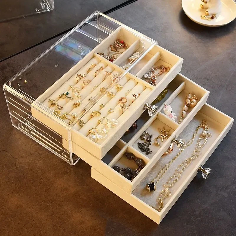 Multi Functional Three Layer Drawer Style Jewelry Box Earrings Necklace Case Ring Tray Holder Storage Organizer For Women Gift portable jewelry storage bags organizer albums anti oxidation desktop drawer jewelry necklace bracelet ring holder bags boxes