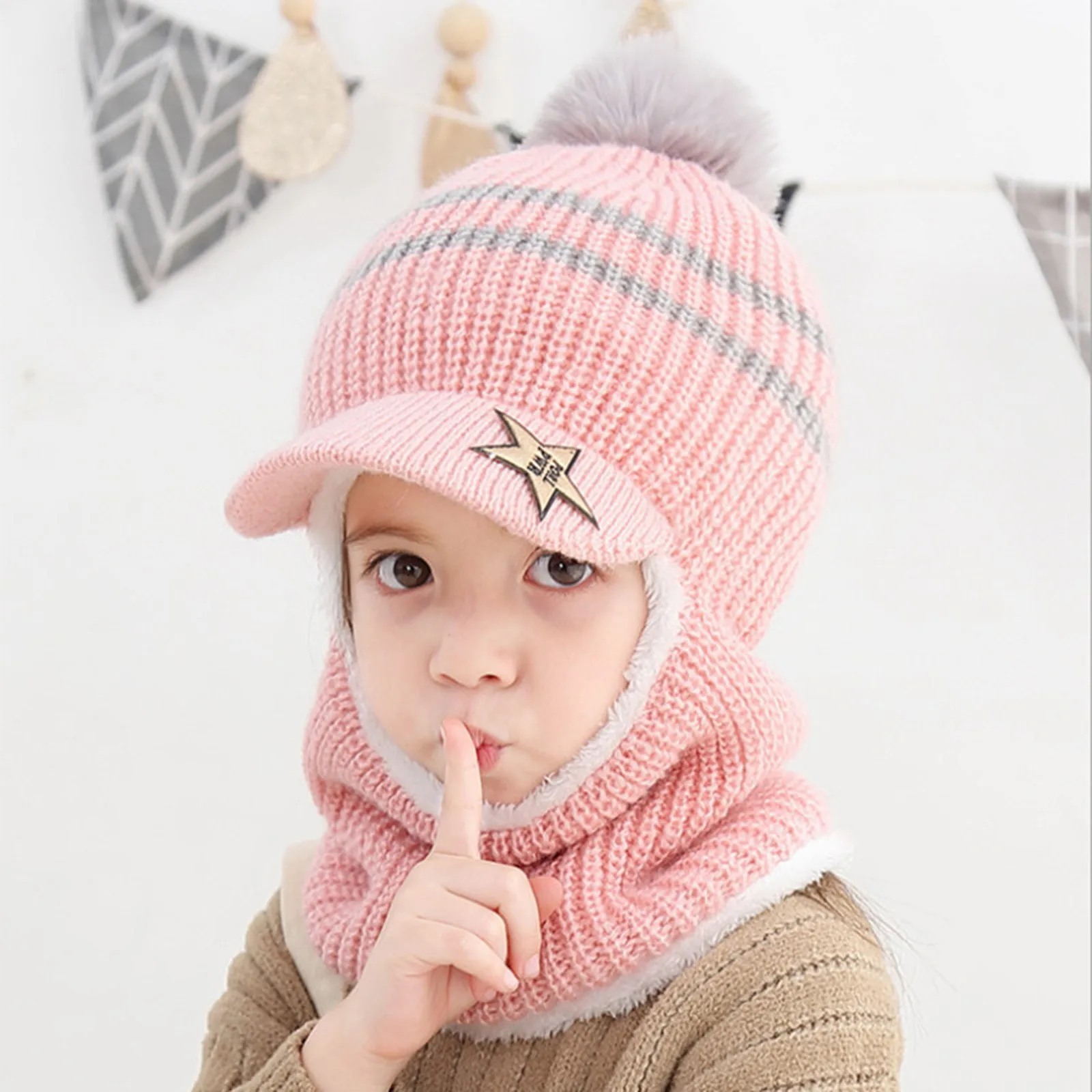 Baby Hat Kids Caps Winter Kid Hooded Caps Windproof Ski Cycling Earflap Scarf Hat Toddler Baby Knit Thick Warm Beanie Cold Weather Accessories