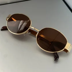 High - End Metallic Oval - Shaped Sunglasses - Retro, Stylish, and Fashionable (Tea)