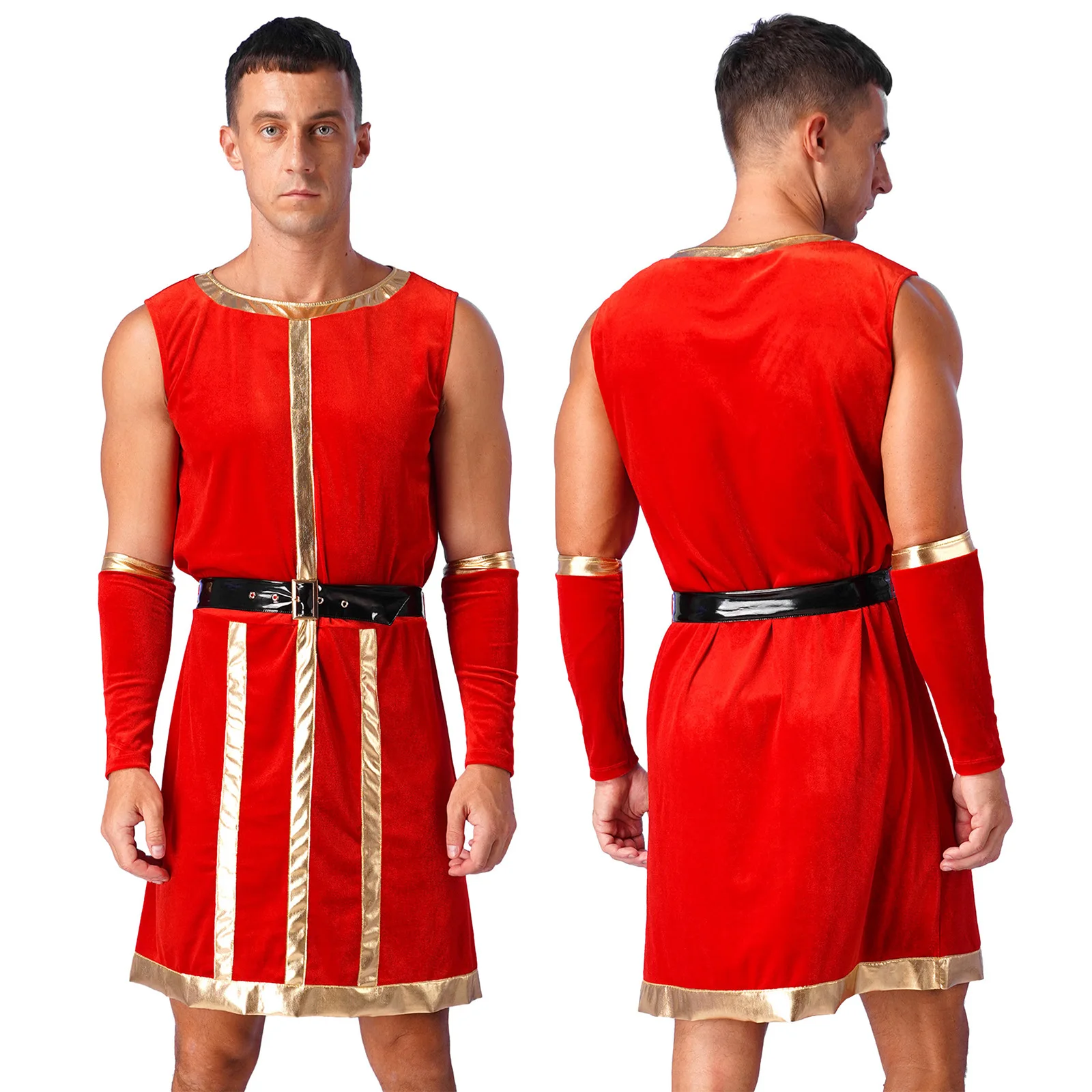 thumbnail image 1 of Trajes medievales de la Guardia Real del Renacimiento para hombre, bata sin mangas a rayas con cinturón y muñequeras, traje de Cosplay de terciopelo para Halloween, 1 of 5