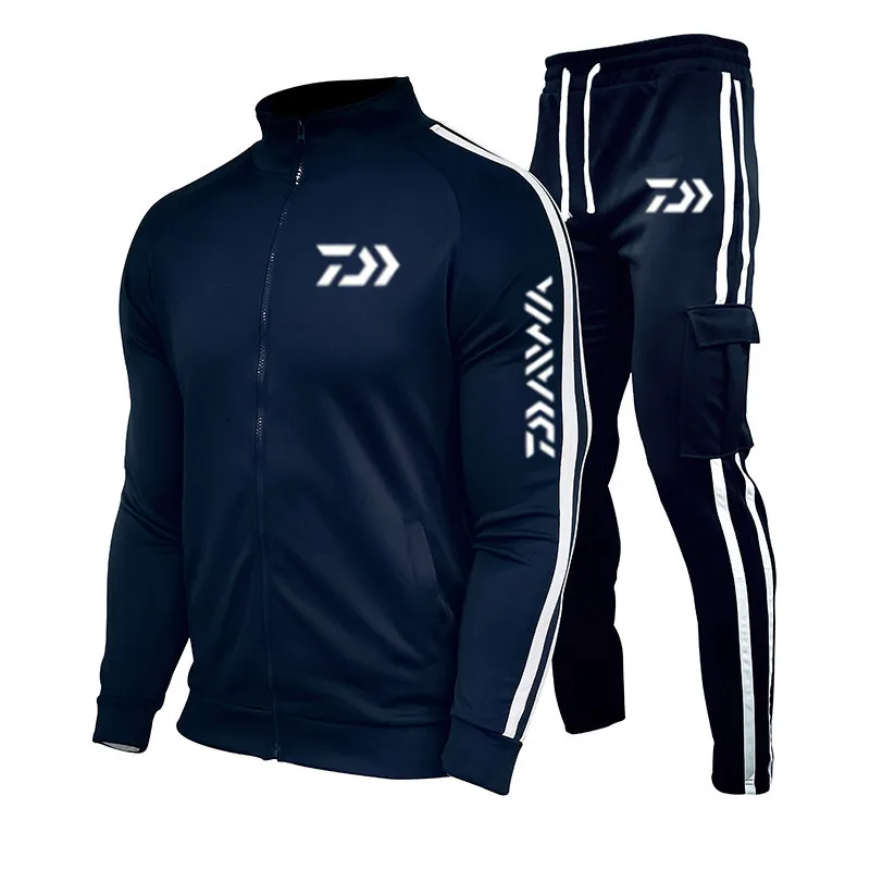 2022 Spring New DAIWAFishing LOGO Men's Zipper Cardigan Jacket + Sports Pants Suit Striped Running Gym Basketball Jogging 2-Piec Men's Sets Men's Sets