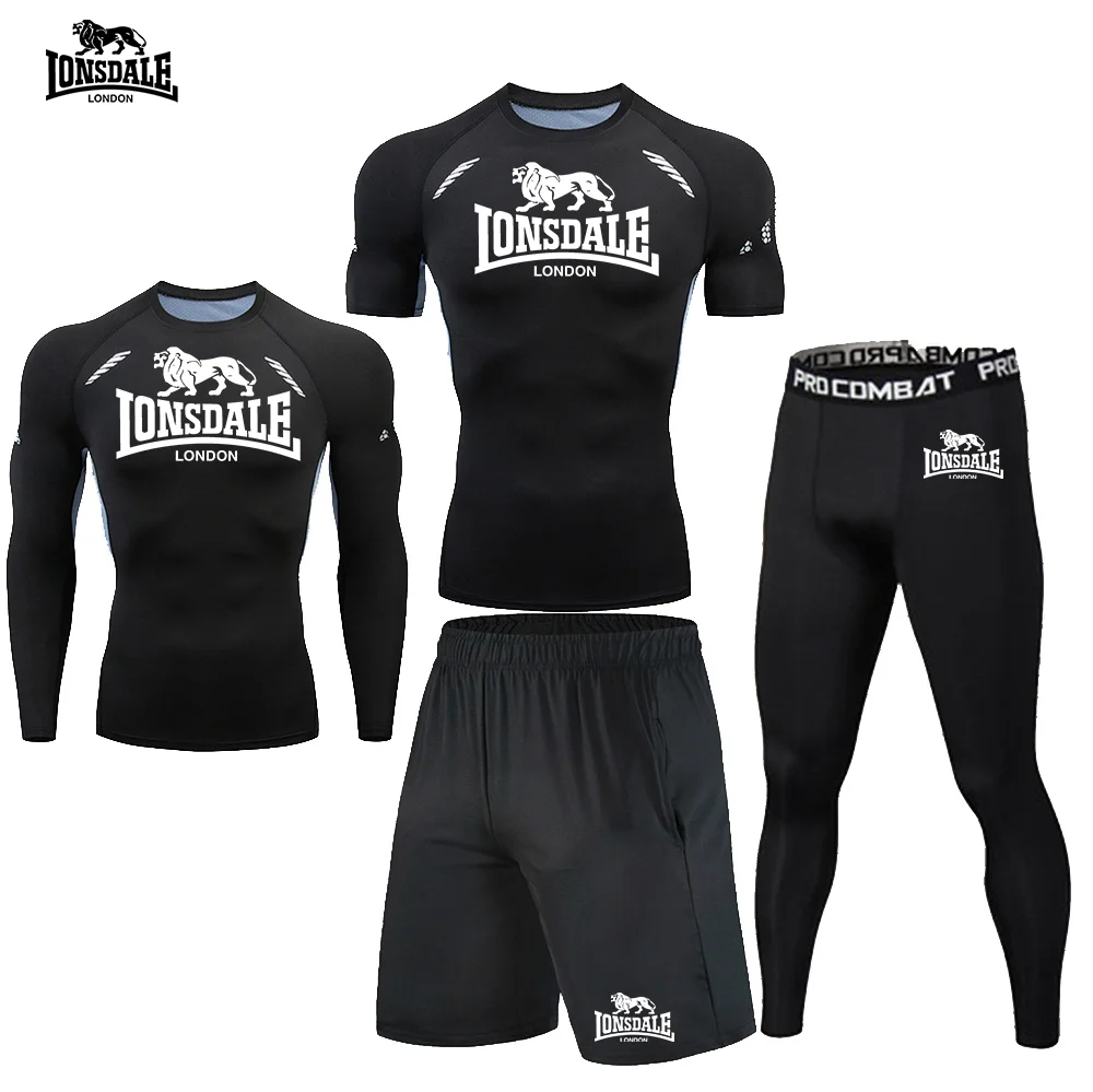 LONSDALE 4피스 스포츠웨어 짐 타이트 핏 티셔츠 피트니스 러닝 세트 조깅 스포츠웨어 남성 트랙수트 브랜드 래쉬가드 세트