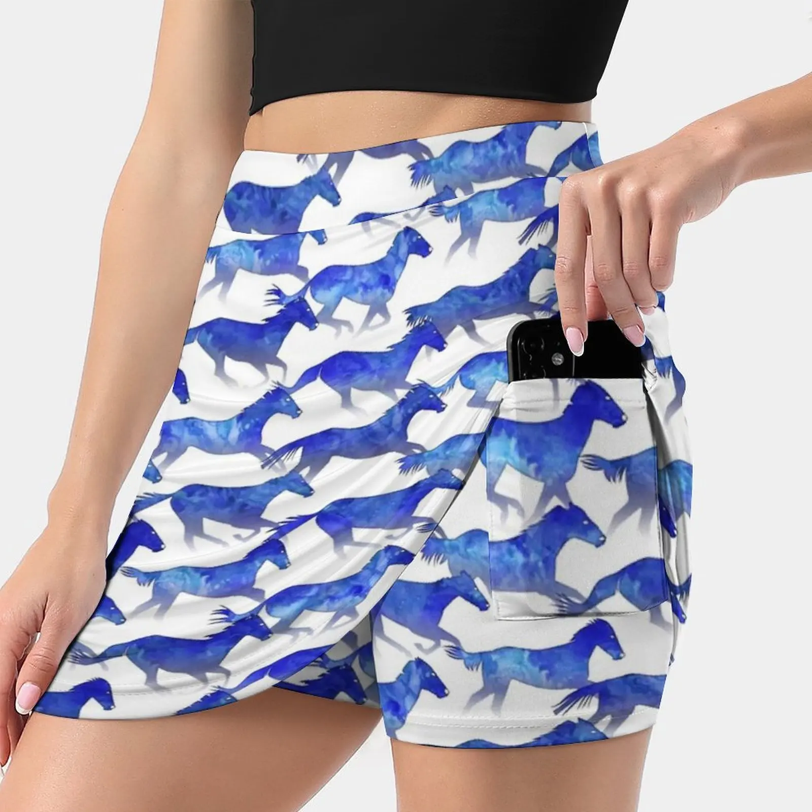 

Watercolor-Running Horses Pattern-Deep Blue Women's skirt Y2K Summer Clothes 2022 Kpop Style Trouser Skirt With Pocket Horse