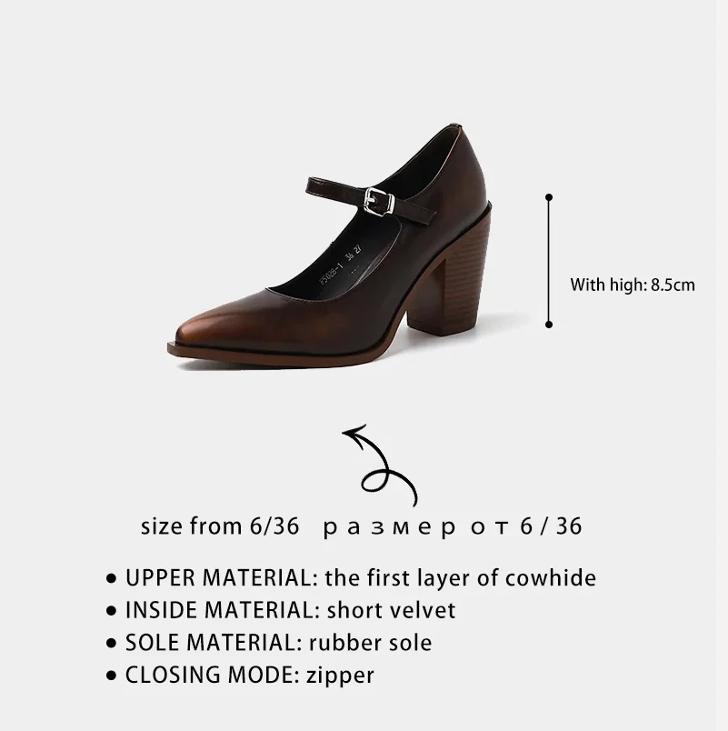 Ods Pumps High Quality Genuine Leather High Heels Mary Jane Shoes Women's Heels Leather Shoes Women  Strap Pointed Toe Flats 42 2